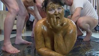 Scat gangbang for fat big woman with lots of shit eating